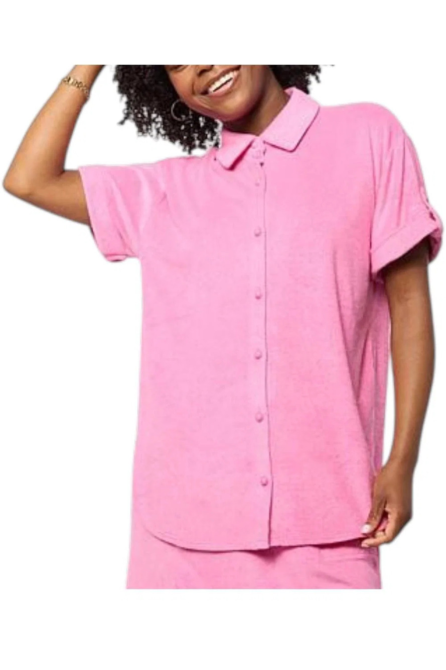 G by Giuliana Women's Paradise Sun Terry Knit Button Front Top Pink - Regular